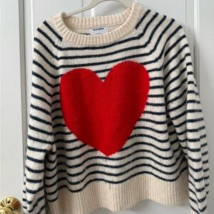Old Navy Cream & Navy Striped Crewneck Sweater with Red Heart